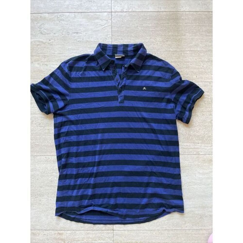 J Lindeberg Mens XL Polo Blue Striped Casual Short Sleeve Cotton Shirt